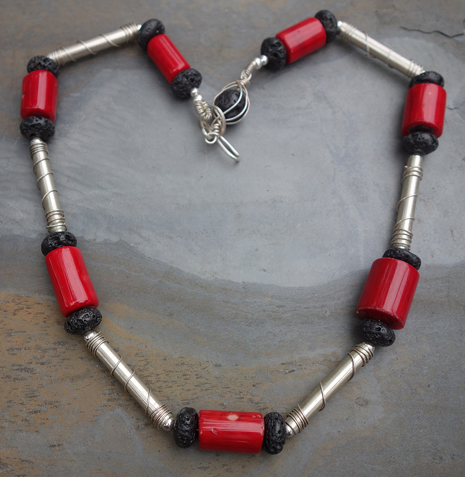 Lava, coral, and silver tube necklace